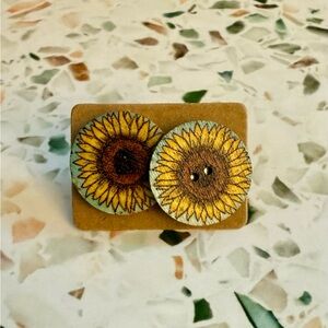 Handmade - Sunflower Wooden Button Earrings